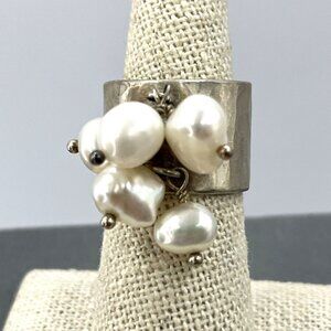 Sterling Silver & Natural Pearl Wide Band Cha Cha Ring Size 6.5